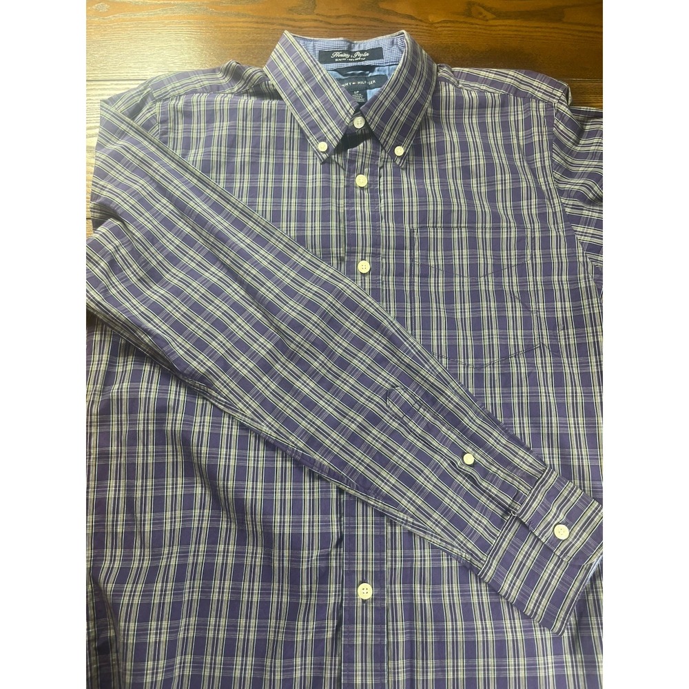 NEW Tommy Hilfiger Men Poplin Plaid Long Sleeve Button-Down Shirt Purple Size S